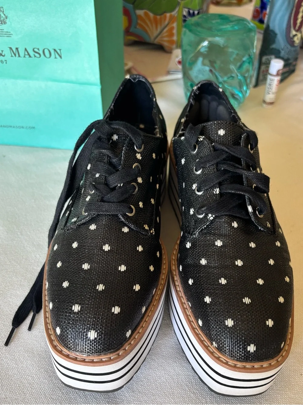 Zara Women’s Canvas Black & White Polkadot Striped Platform Lace up Shoes